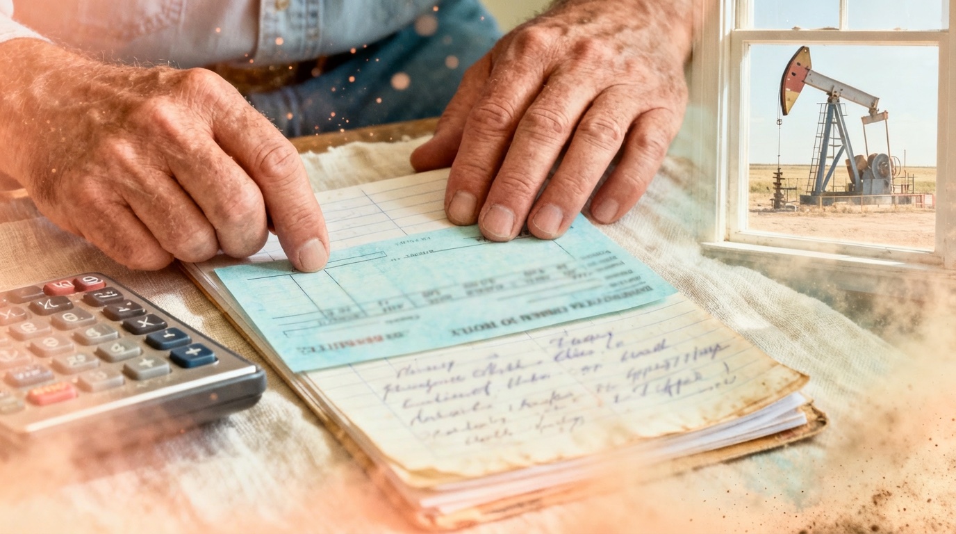 A royalty check stub beside a calculator and lease documents on a desk, representing the process of auditing oil and gas royalty payments in Oklahoma.