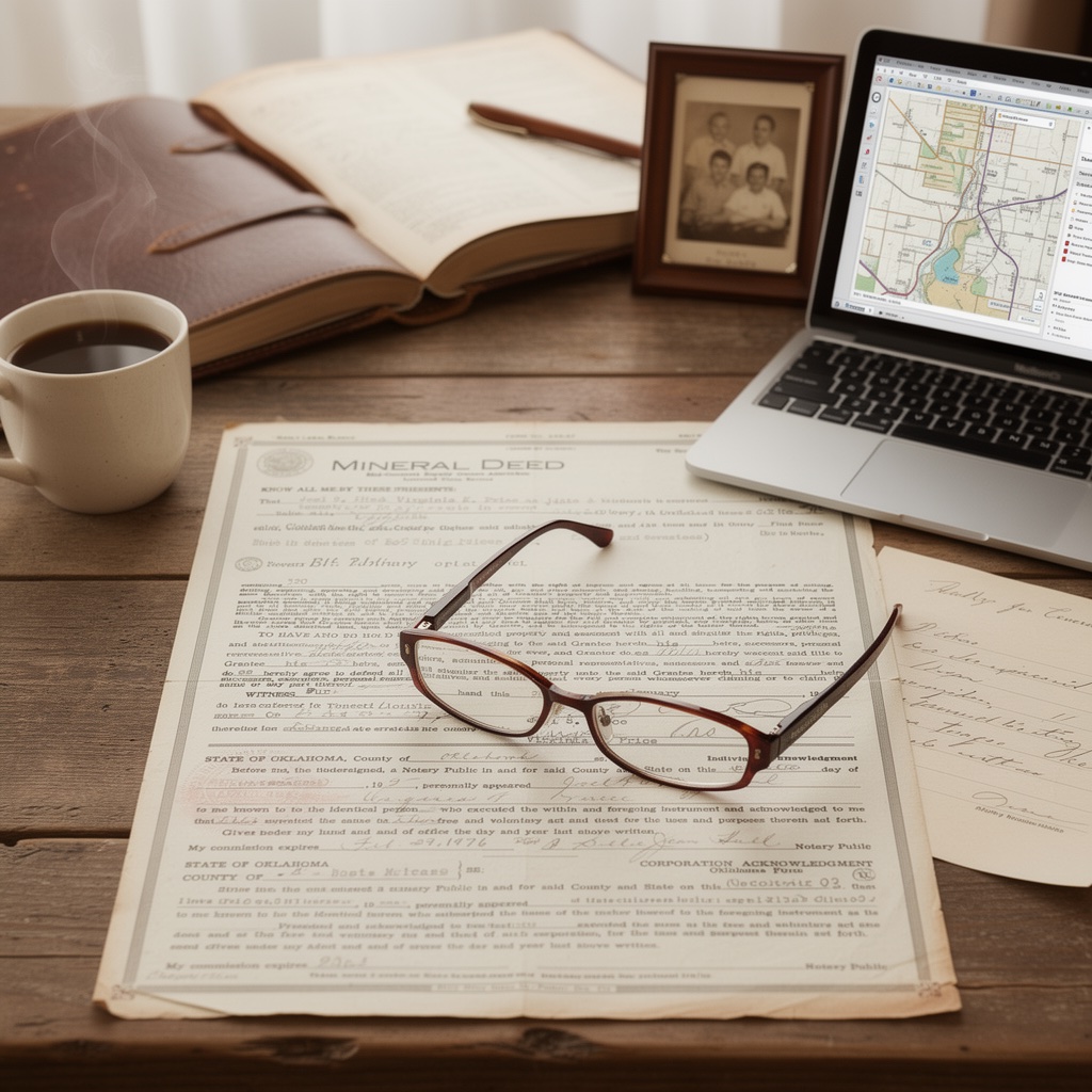 Kitchen table with vintage family photograph, mineral deed documents, reading glasses, and a laptop showing a county map — representing the process of inheriting mineral rights.
