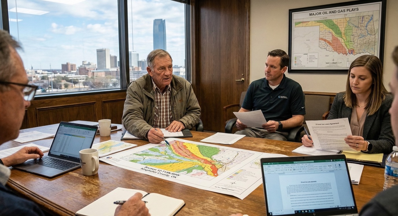 Conference room meeting with people reviewing geological maps and lease documents, Oklahoma City skyline visible through windows.