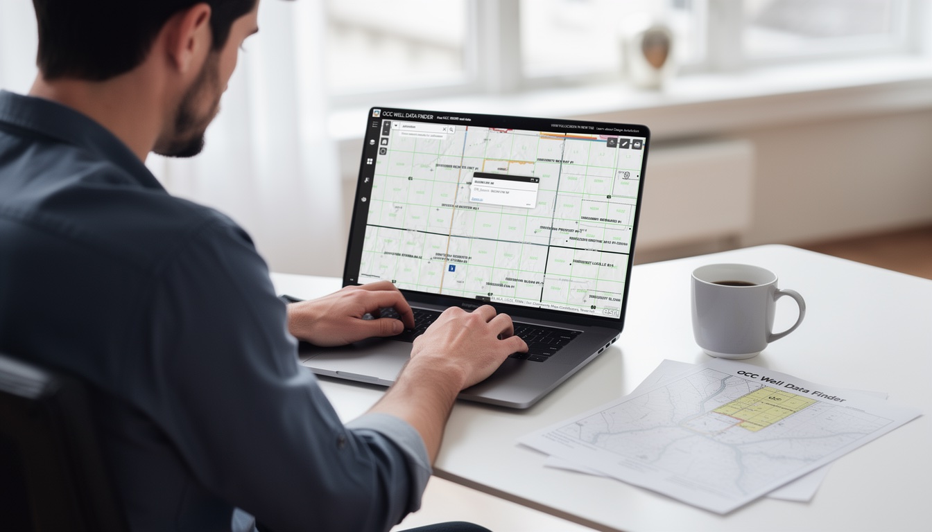 Screenshot collage of the Oklahoma Corporation Commission website tools including Well Records Search, Well Data Finder, and Electronic Case Filing system.