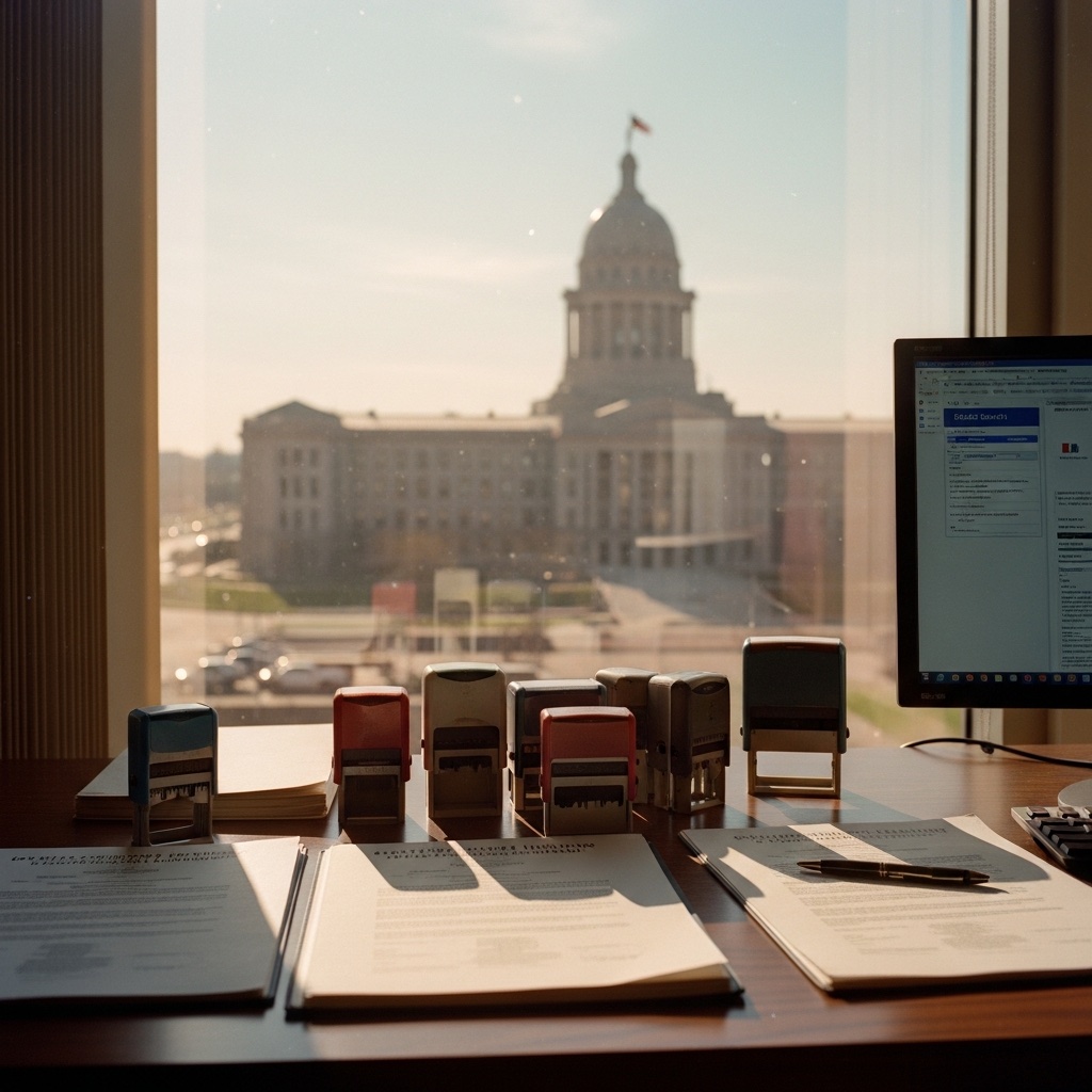 Official government documents with filing stamps arranged on a desk, representing the various types of Oklahoma Corporation Commission filings that affect mineral rights owners.