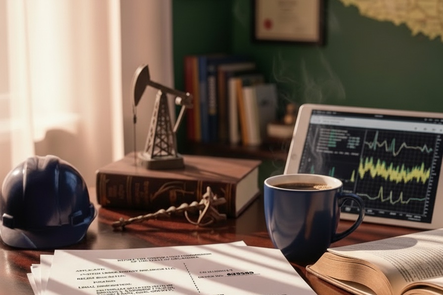 Pooling order documents and production data on a desk — representing the complexity of OCC filings for Oklahoma mineral owners