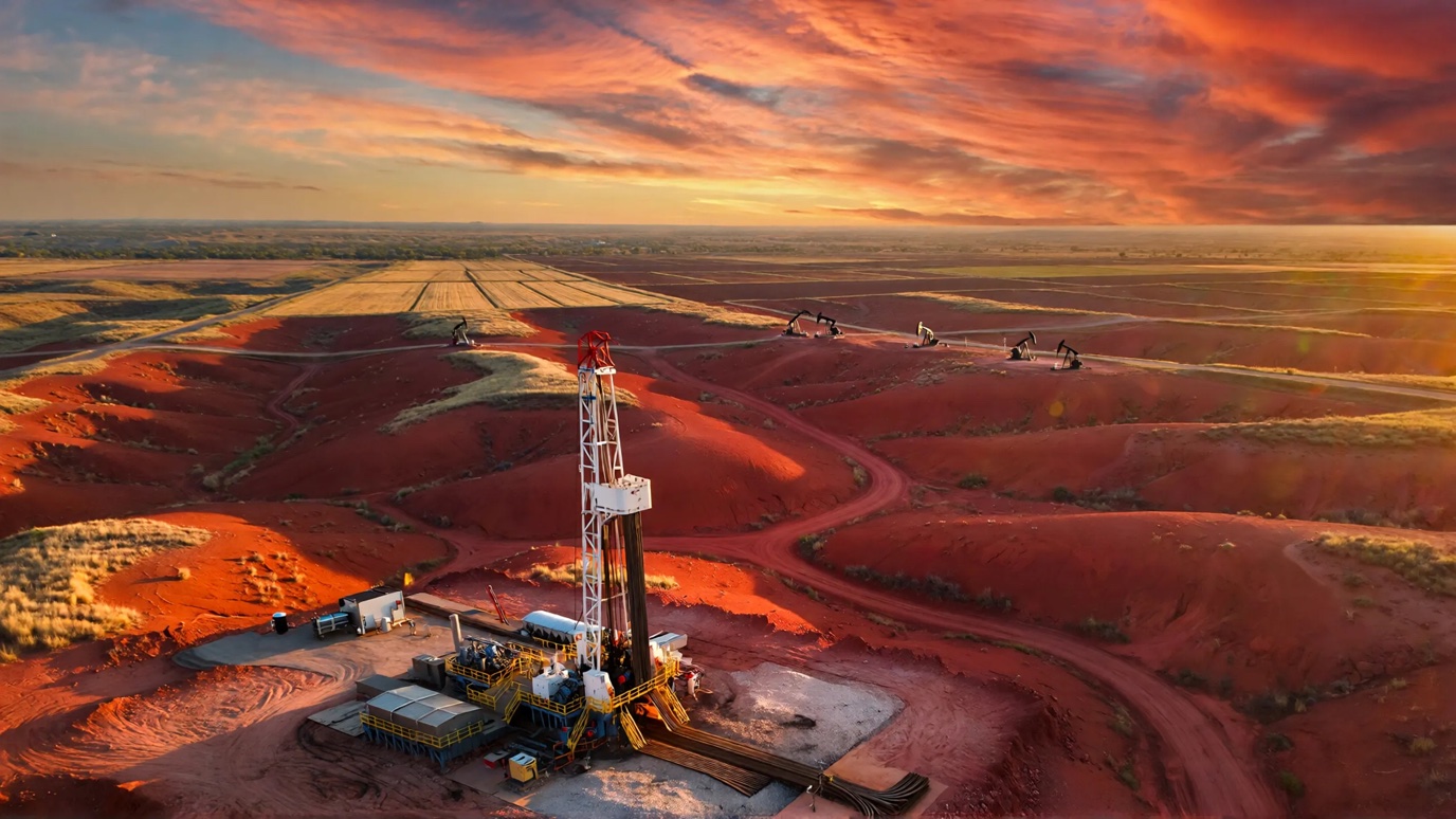 Aerial view of Oklahoma oil field with drilling rigs and pumpjacks, representing the SCOOP and STACK horizontal drilling plays in the Anadarko Basin.