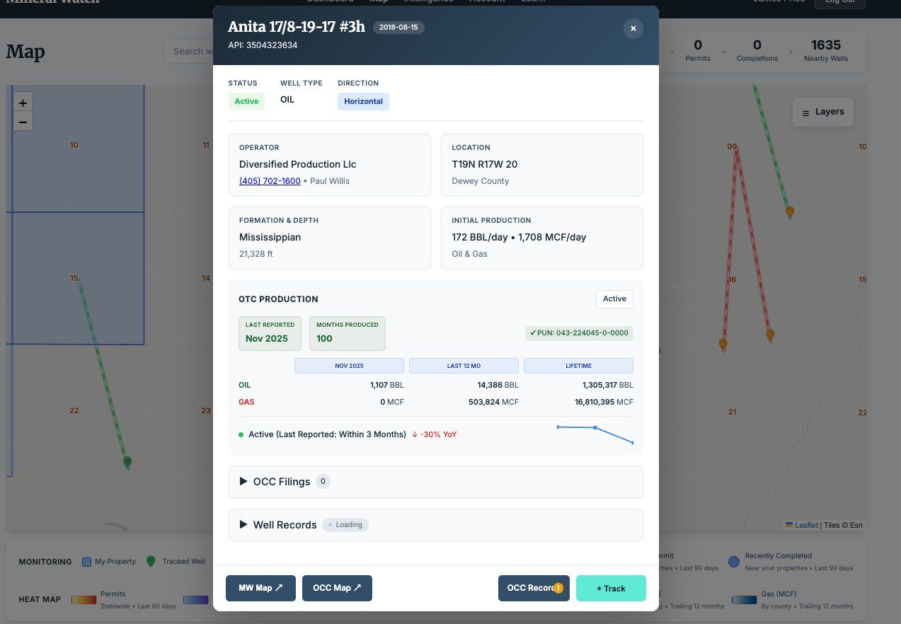 Map View with Well Detail Popup